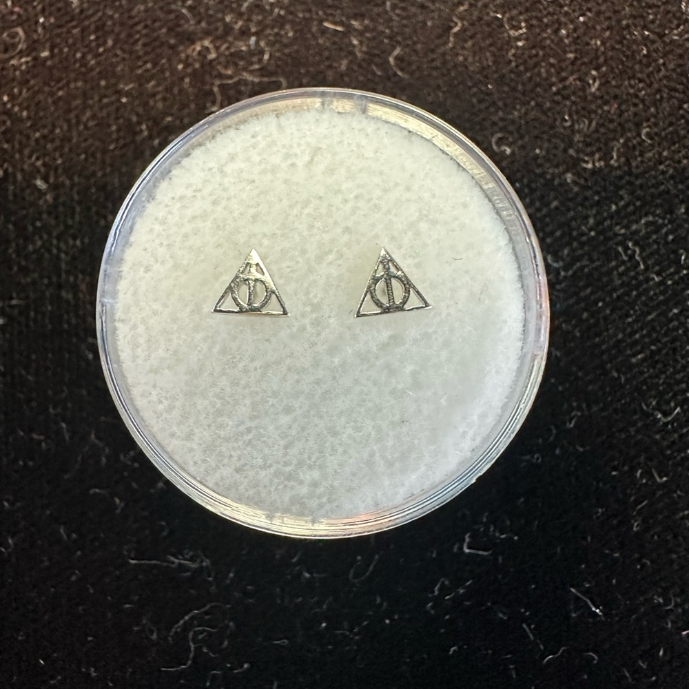 14 karat white gold Deathly Hallows thread-less stud earrings.